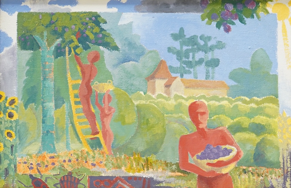 Mid century style, abstract figures harvesting plums, signed JH and dated 92, oil on canvas, 19 x 29cm